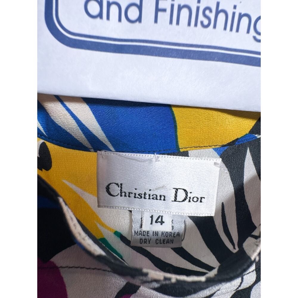 Vintage Christian Dior Silk Tropical Floral Shift Dress Size 14 - Picture 3 of 16